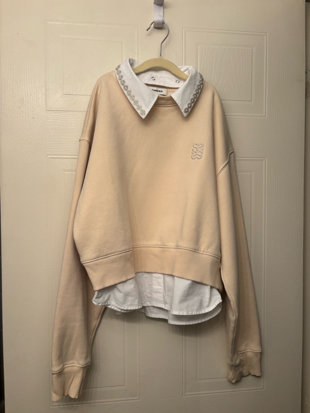 Sandro Cream Beige Crewneck Sweater with Embroidered Logo & Layered Collar